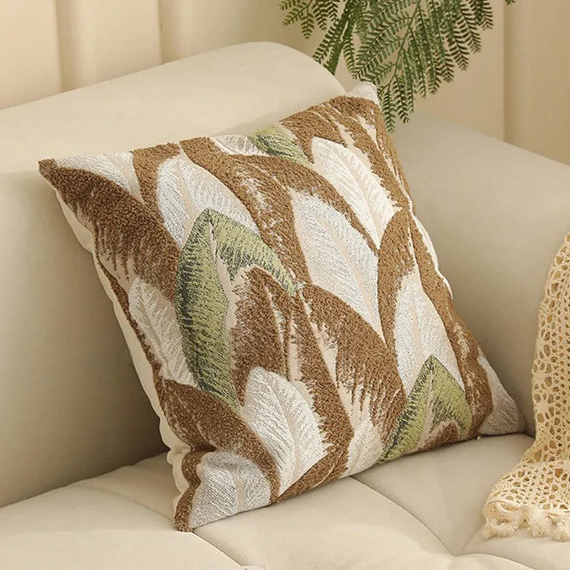 45cm square jacquard cushion cover with retro plant and flower pattern in various colours.