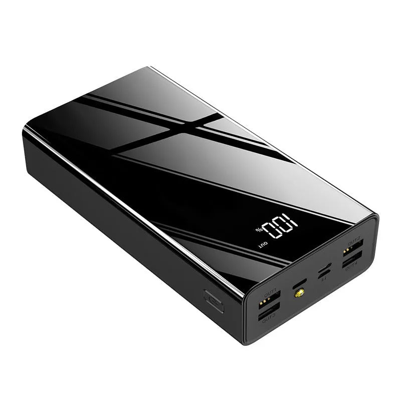Black and red 40000 mAh power bank showing LCD display screen on front