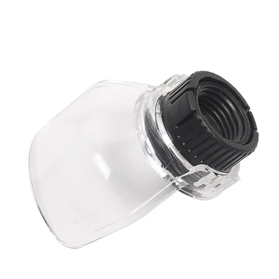 Transparent plastic horn-shaped safety cover for Delta industrial grinder models.