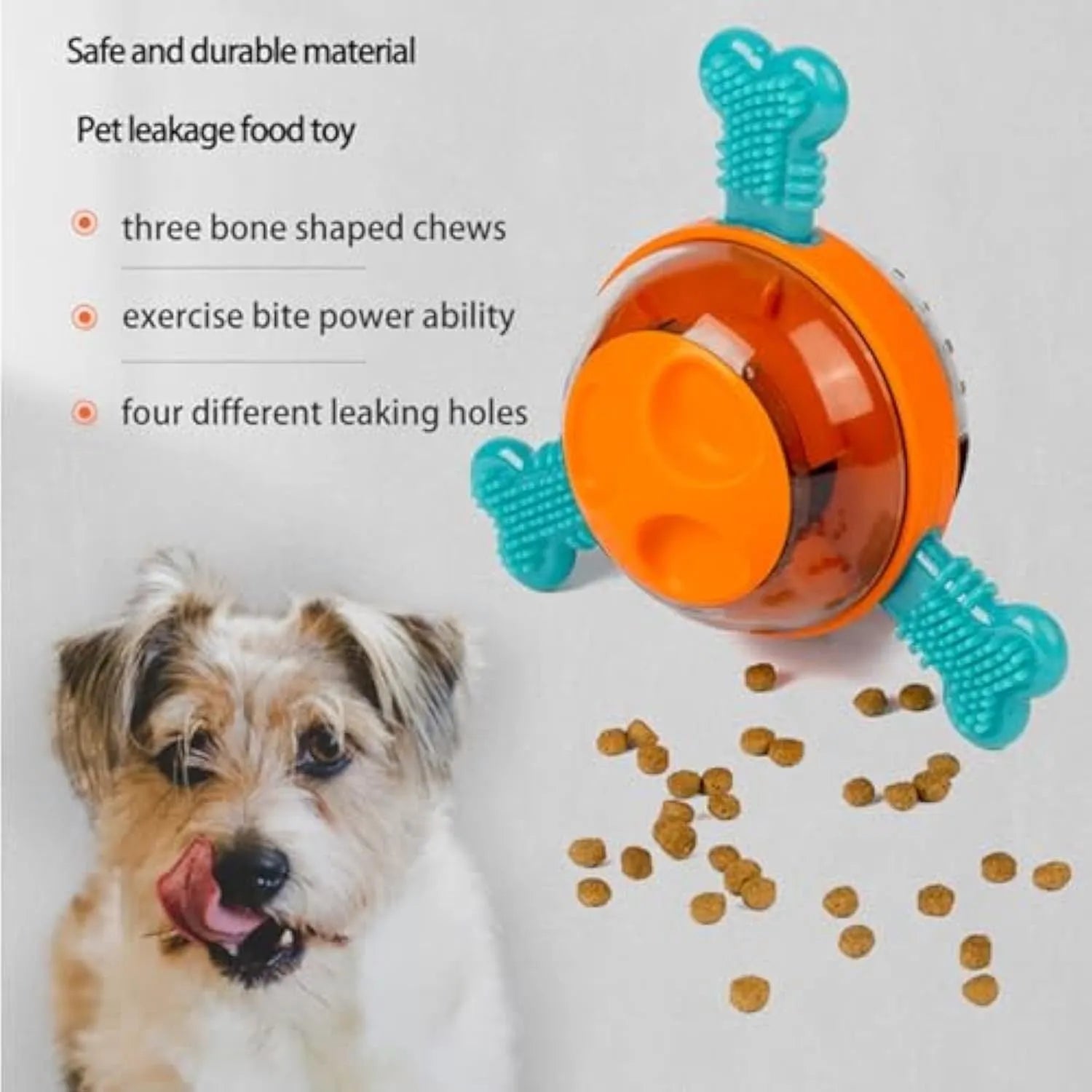 Blue interactive dog chew toy with treat dispenser and rubber bones for small medium dogs