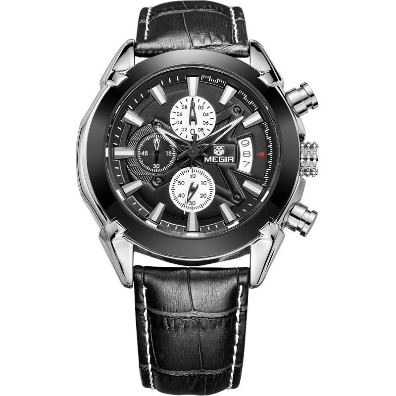 Men's multifunctional quartz watch with three-eye dial, luminous hands, waterproof case, 15mm thickness.