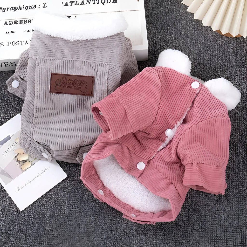 Grey lambswool dog vest with fleece lining shown on a dog model