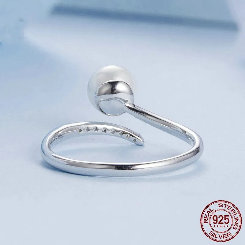 S925 sterling silver adjustable open loop ring with shell pearls in natural style