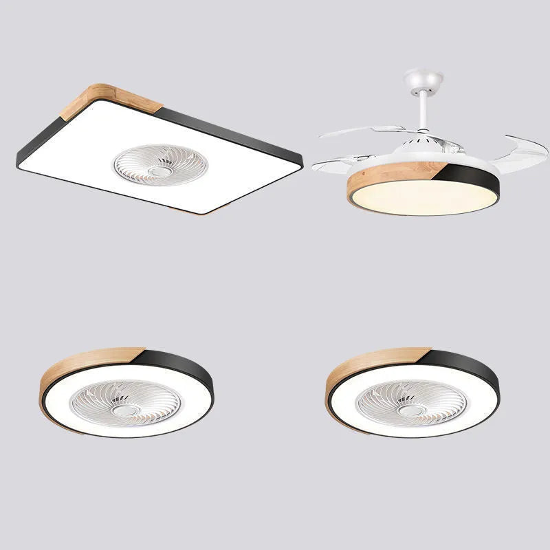Nordic style wooden ceiling fan with integrated light fixture and PVC lampshade.