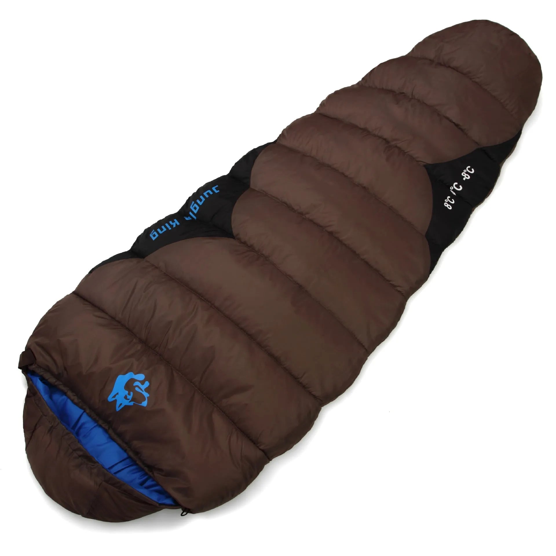 Cotton sleeping bag in Army Green colour compressed inside its storage bag alongside the unfolded sleeping bag.