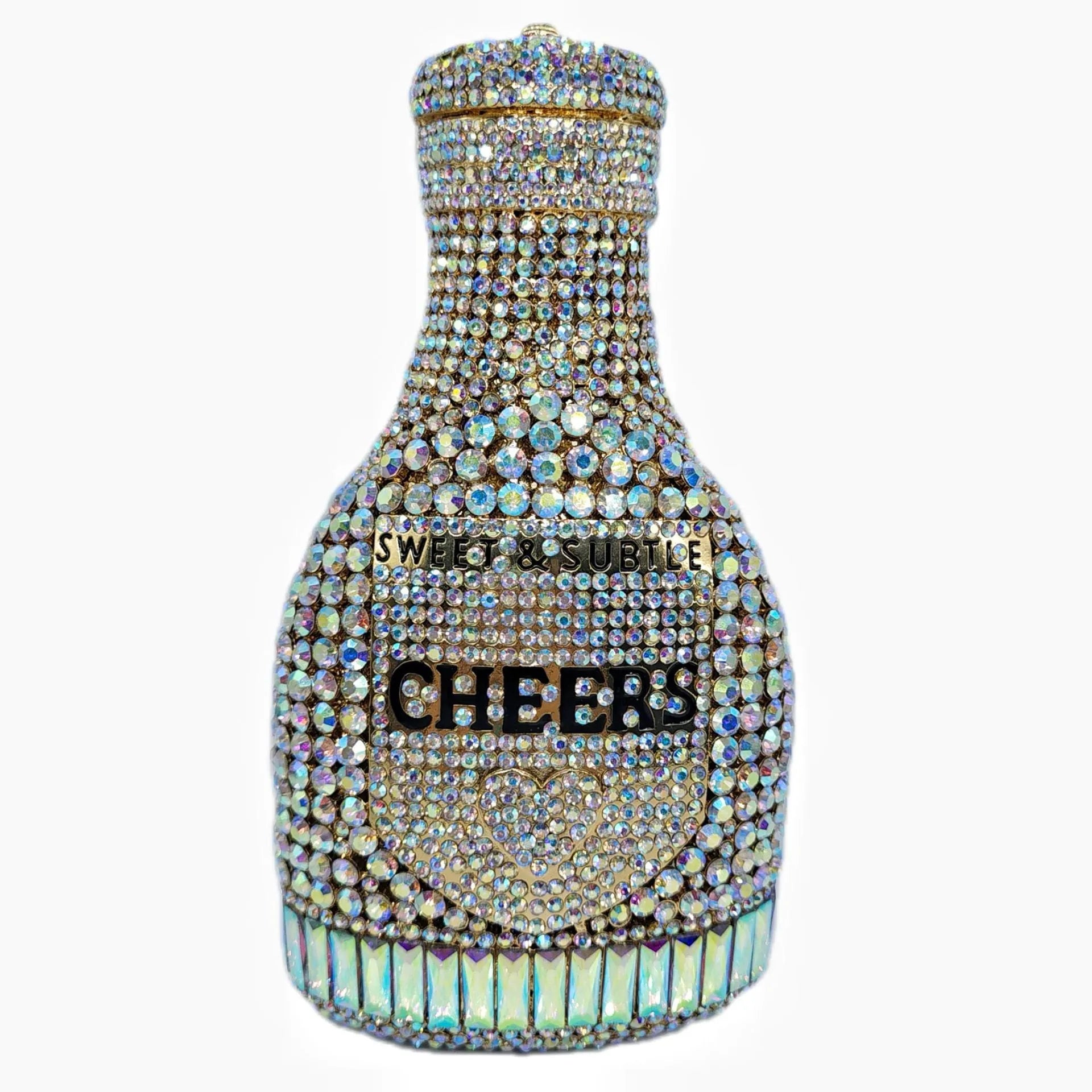 Gold rhinestone evening clutch bag shaped like a champagne bottle with a hard frame.