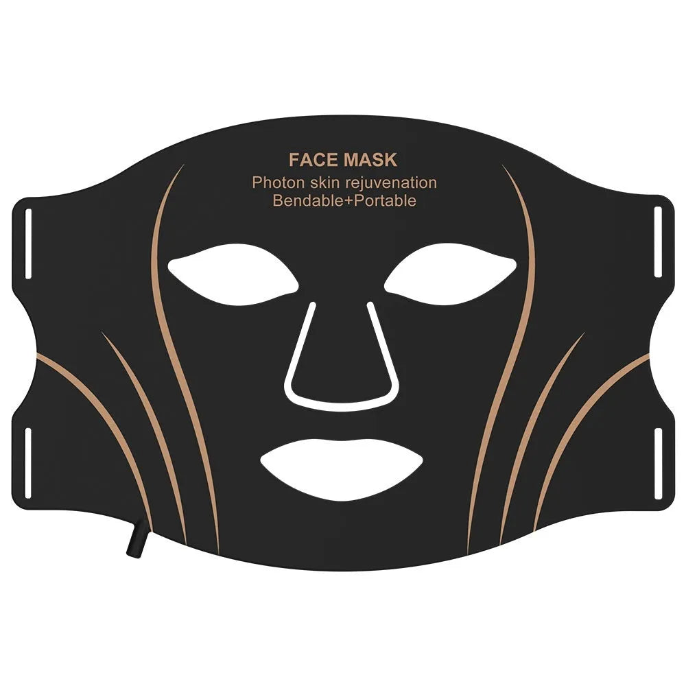 Black and gold LED facial beauty mask with headband and touch screen controls.