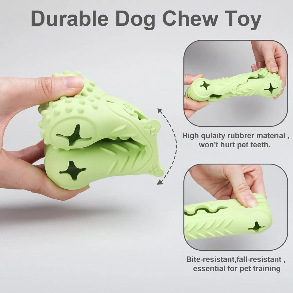 Blue natural rubber bone-shaped dog chew toy with textured surface and puzzle holes.