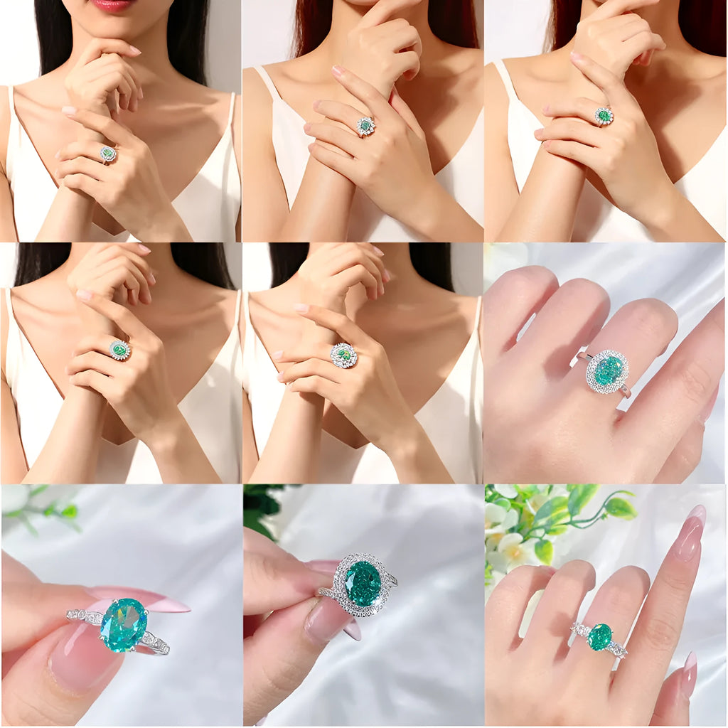 S925 sterling silver women's ring with ellipse emerald and inlaid high carbon diamond in geometric setting.