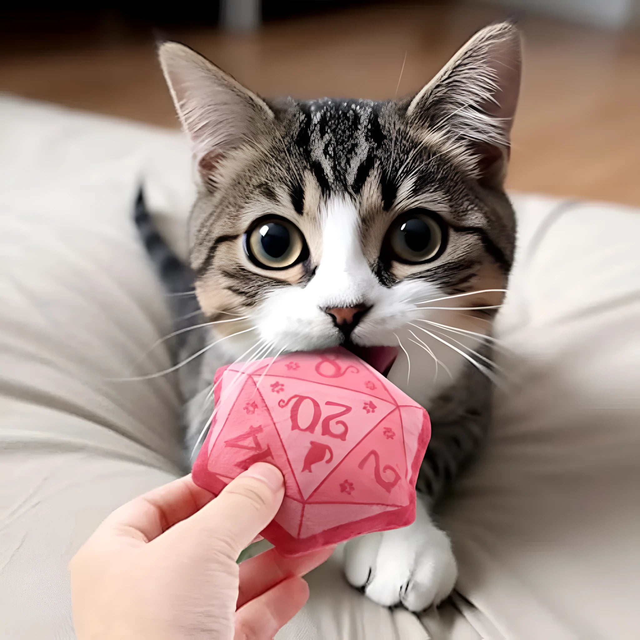 Soft plush DND dice cat toy with organic catnip filling in multiple colour options