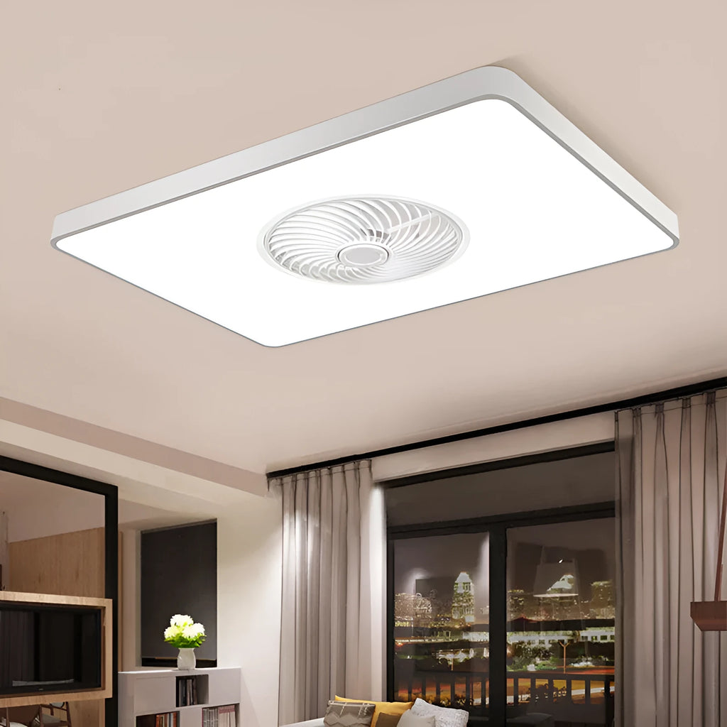 Nordic style wooden ceiling fan with integrated light fixture and PVC lampshade.