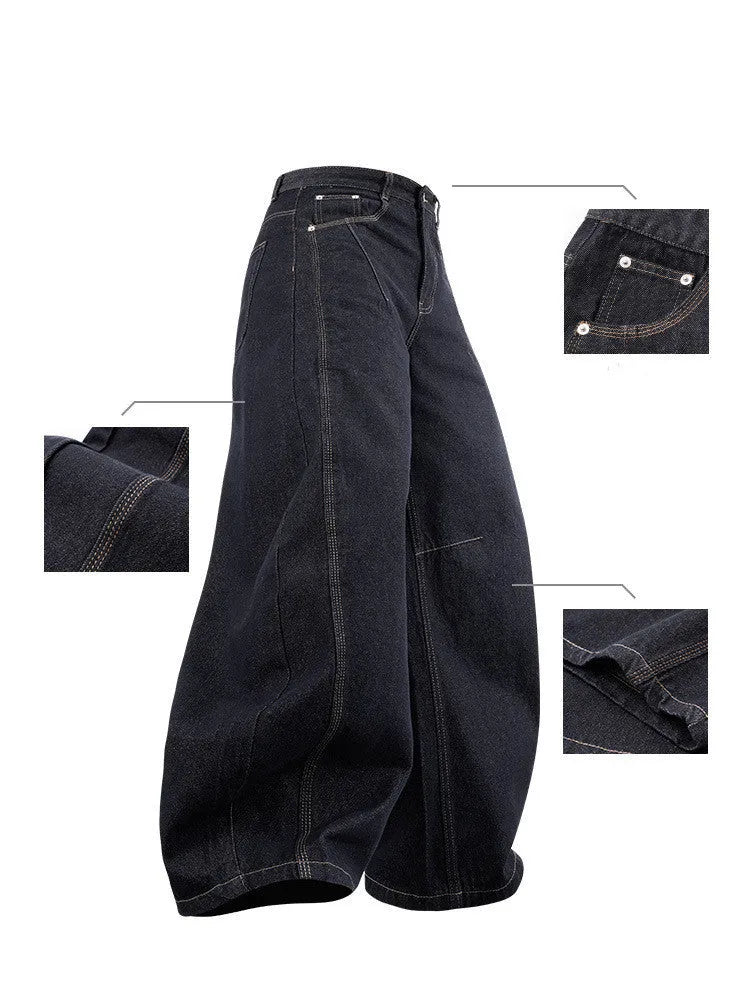 Men's wide leg denim trousers in original cow colour showing mid waist and straight leg design