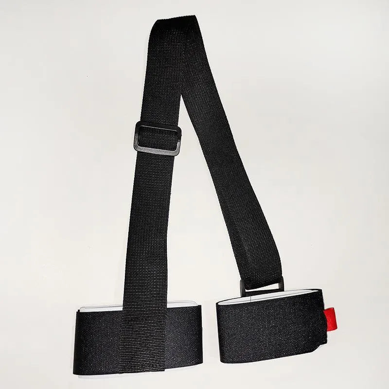 Adjustable hook and loop ski bandage strap for sleds and snowboards.