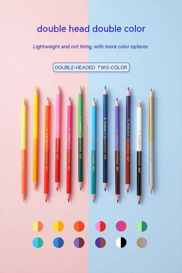 Set of double-ended wooden colour pencils showing two colour tips, suitable for student and studio art projects