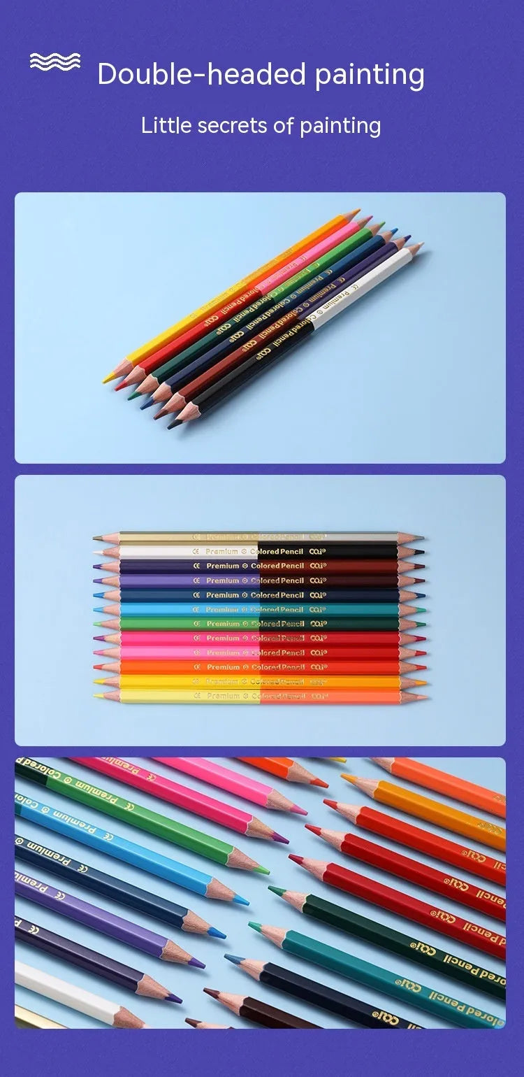 Set of double-ended wooden colour pencils showing two colour tips, suitable for student and studio art projects