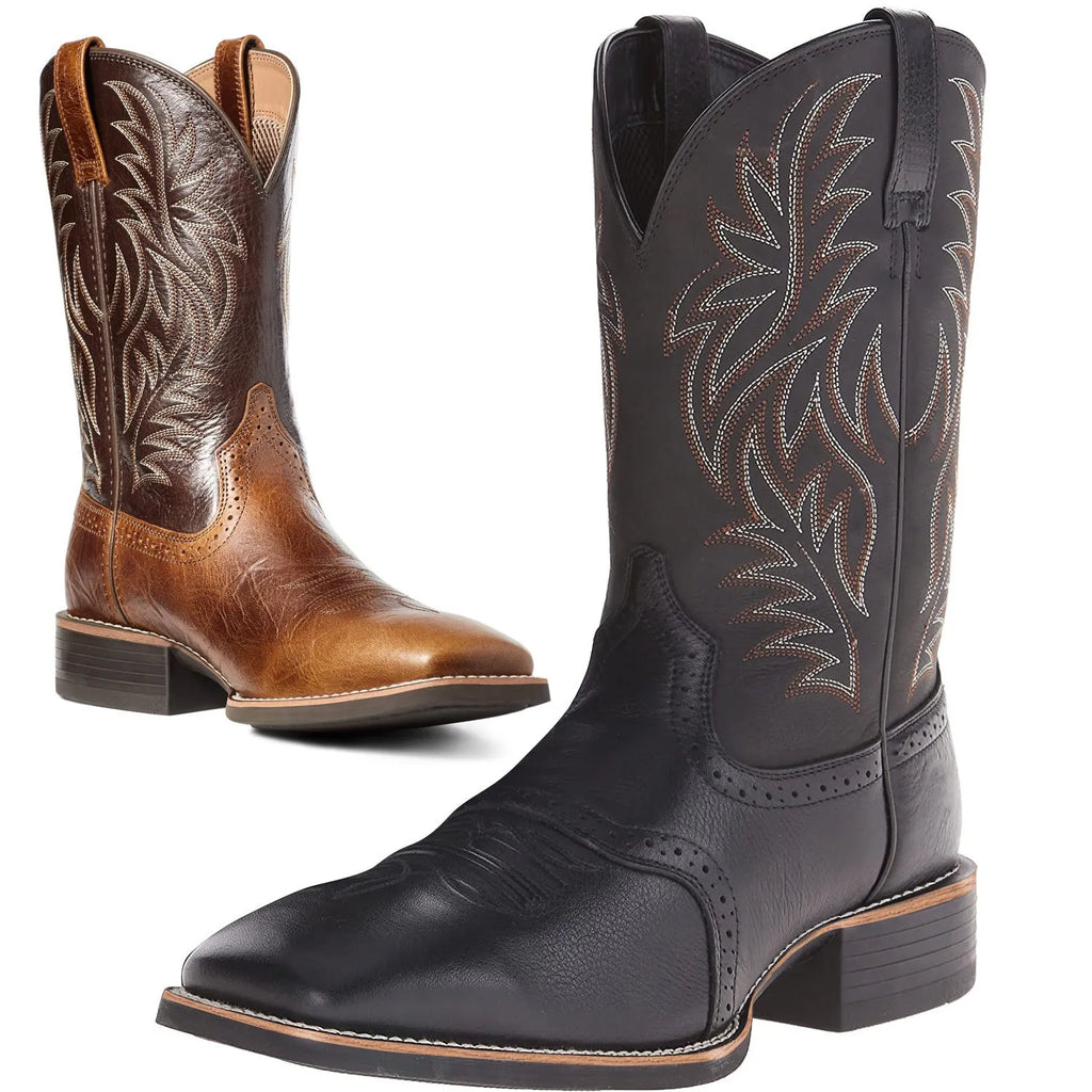 Men's black and brown Western cowboy boots with high embroidery stitching and wide square toe.