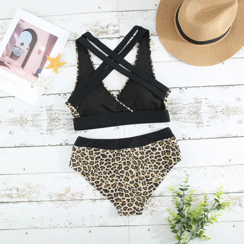 Leopard print women's bikini swimsuit with V-neck split design and cross banded construction