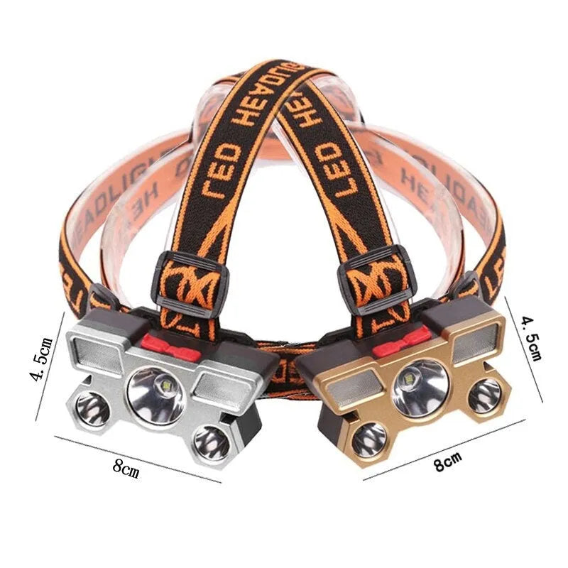 Head-mounted 10W LED miner's lamp flashlight with adjustable strap on a black background.
