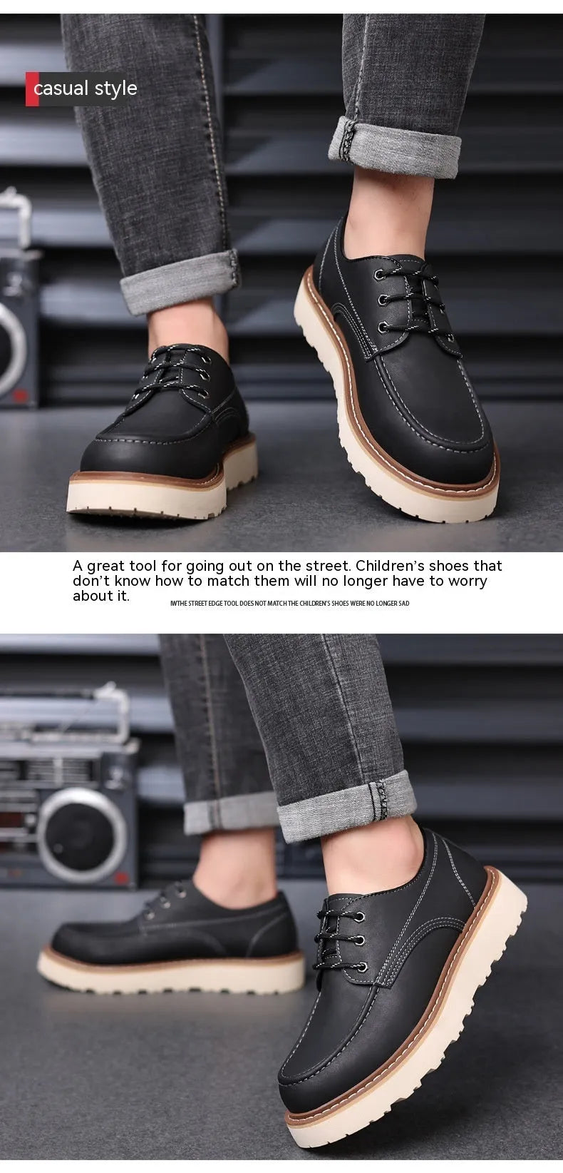 Men's black low-top Martin boots with a round toe and non-slip rubber sole on a plain background.