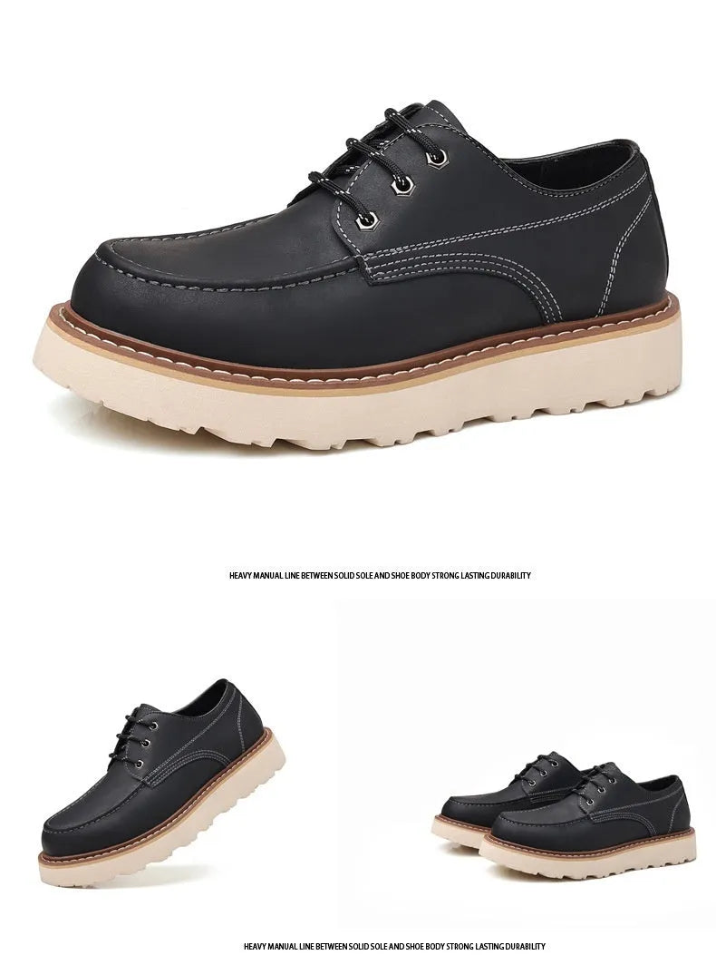 Men's black low-top Martin boots with a round toe and non-slip rubber sole on a plain background.