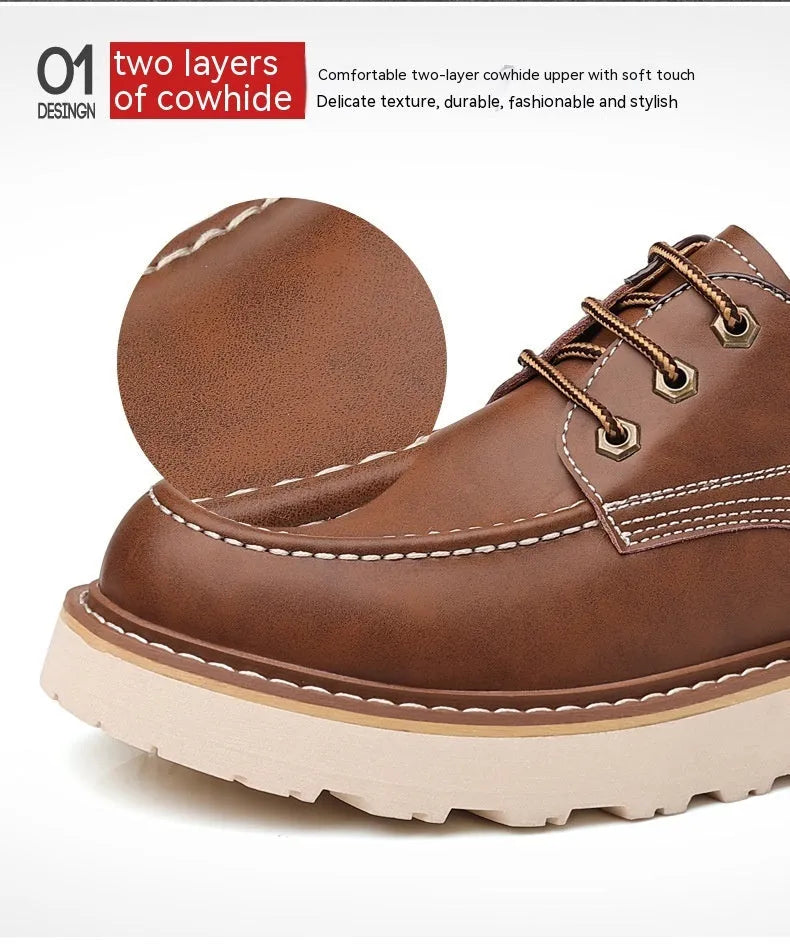Men's black low-top Martin boots with a round toe and non-slip rubber sole on a plain background.