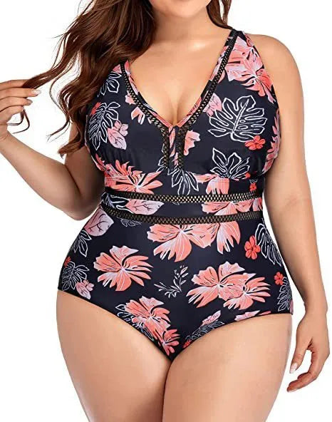 Black printed plus-size bikini swimsuit for women on a hanger.