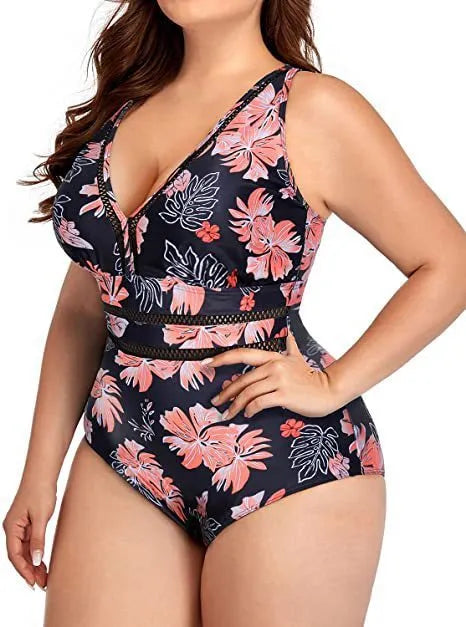 Black printed plus-size bikini swimsuit for women on a hanger.