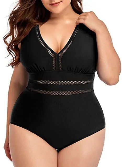 Black printed plus-size bikini swimsuit for women on a hanger.