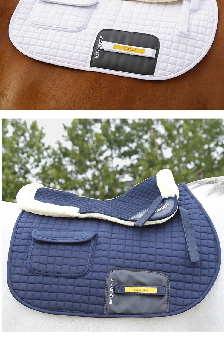 Wool blend riding saddle pad for waist protection in black, navy blue, white, and wine red.