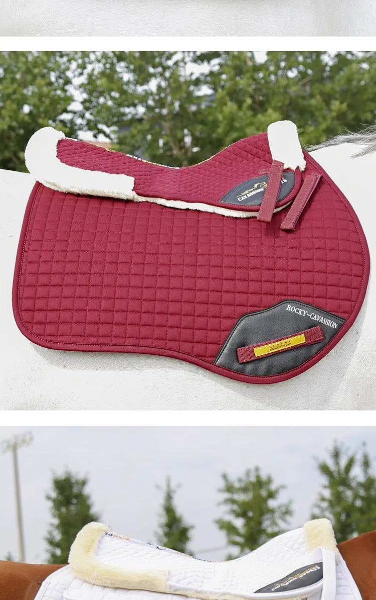 Wool blend riding saddle pad for waist protection in black, navy blue, white, and wine red.
