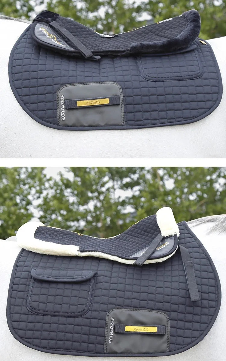 Wool blend riding saddle pad for waist protection in black, navy blue, white, and wine red.