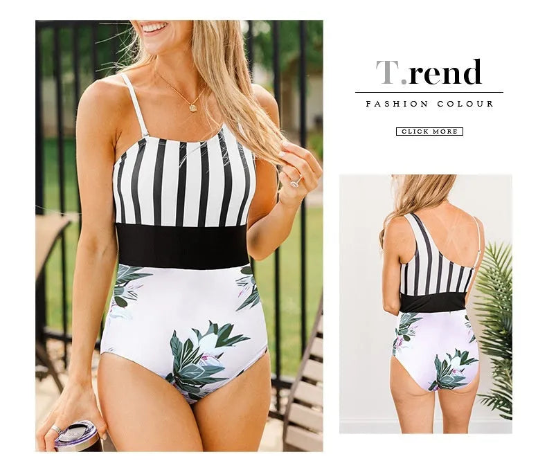 Women's leopard print high waisted one-piece swimsuit with an asymmetric collar design.