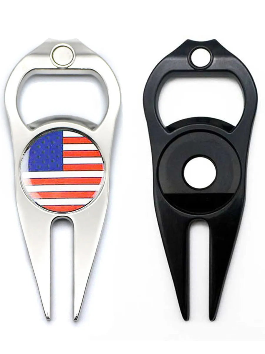 Zinc alloy golf ball yoke bottle opener tool in black, green, or silver colour options