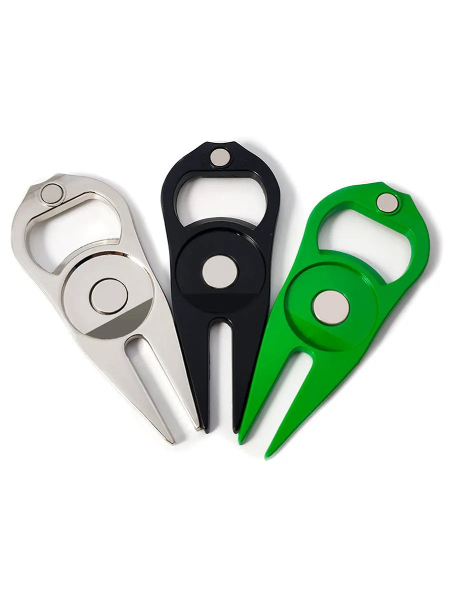 Zinc alloy golf ball yoke bottle opener tool in black, green, or silver colour options