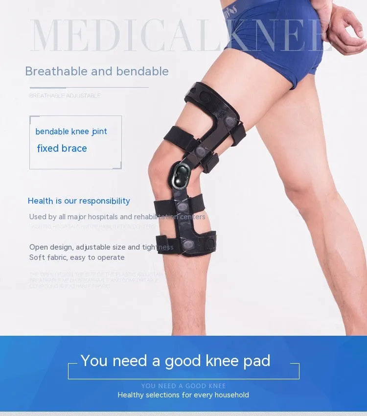 Black anterior ligament knee pad with visible straps and metal splints on a white background.