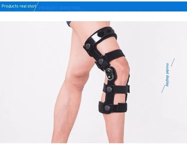 Black anterior ligament knee pad with visible straps and metal splints on a white background.