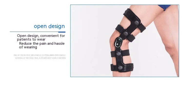 Black anterior ligament knee pad with visible straps and metal splints on a white background.