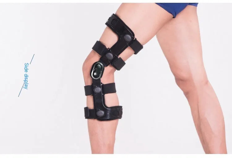 Black anterior ligament knee pad with visible straps and metal splints on a white background.