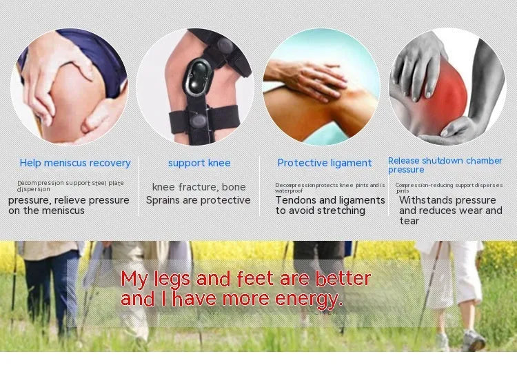 Black anterior ligament knee pad with visible straps and metal splints on a white background.