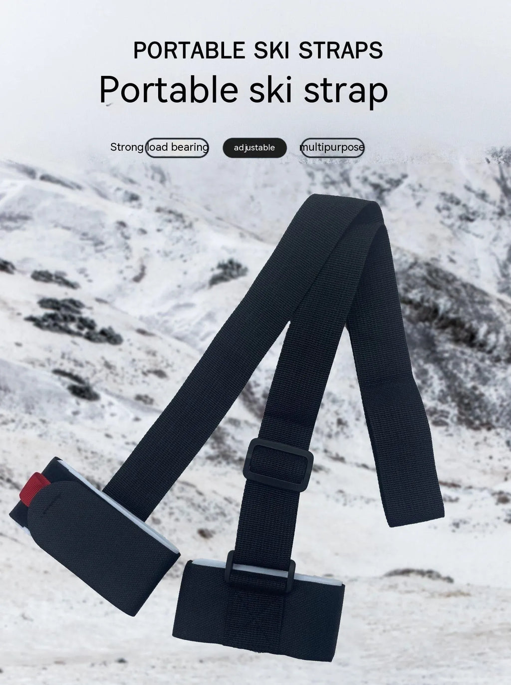 Adjustable hook and loop ski bandage strap for sleds and snowboards.