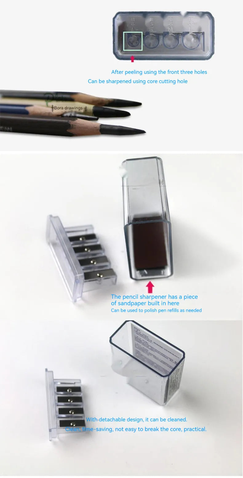Geometric four-hole pencil sharpener with blades and screwdriver for art pencil maintenance