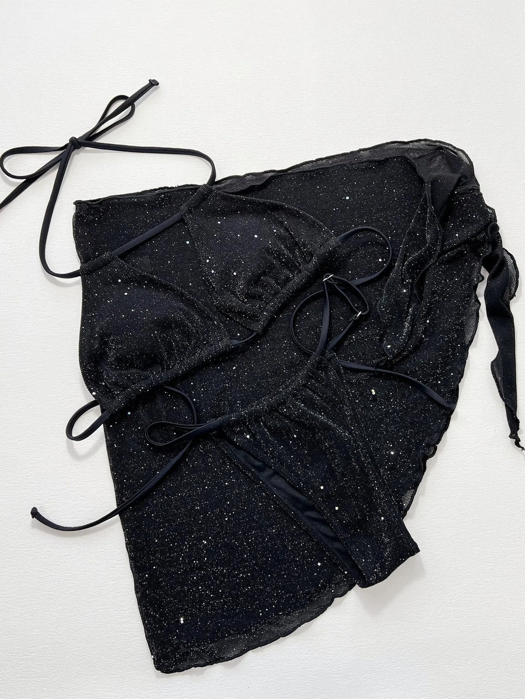 Black three-piece bikini swimsuit set with polyester fabric top and matching shorts