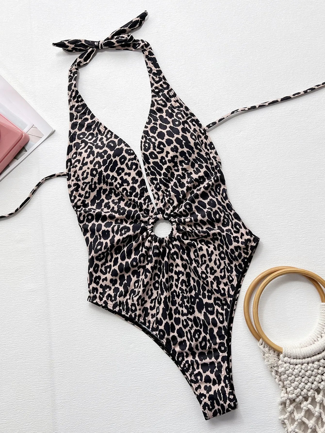 Leopard print hollow-out ring bikini one-piece swimsuit for women in sizes S, M, L.
