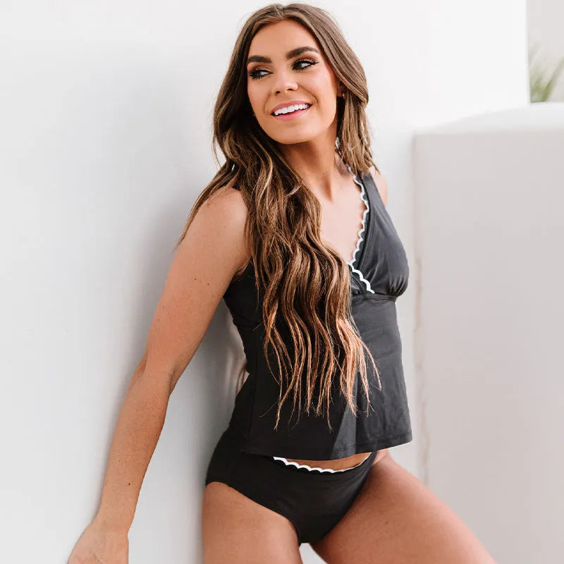 Black women's nylon bikini swimsuit set on a white background