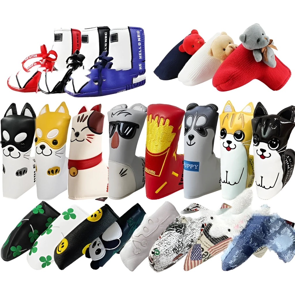 Golf straight bar putter sleeve in various designs including four-leaf clover and animal motifs