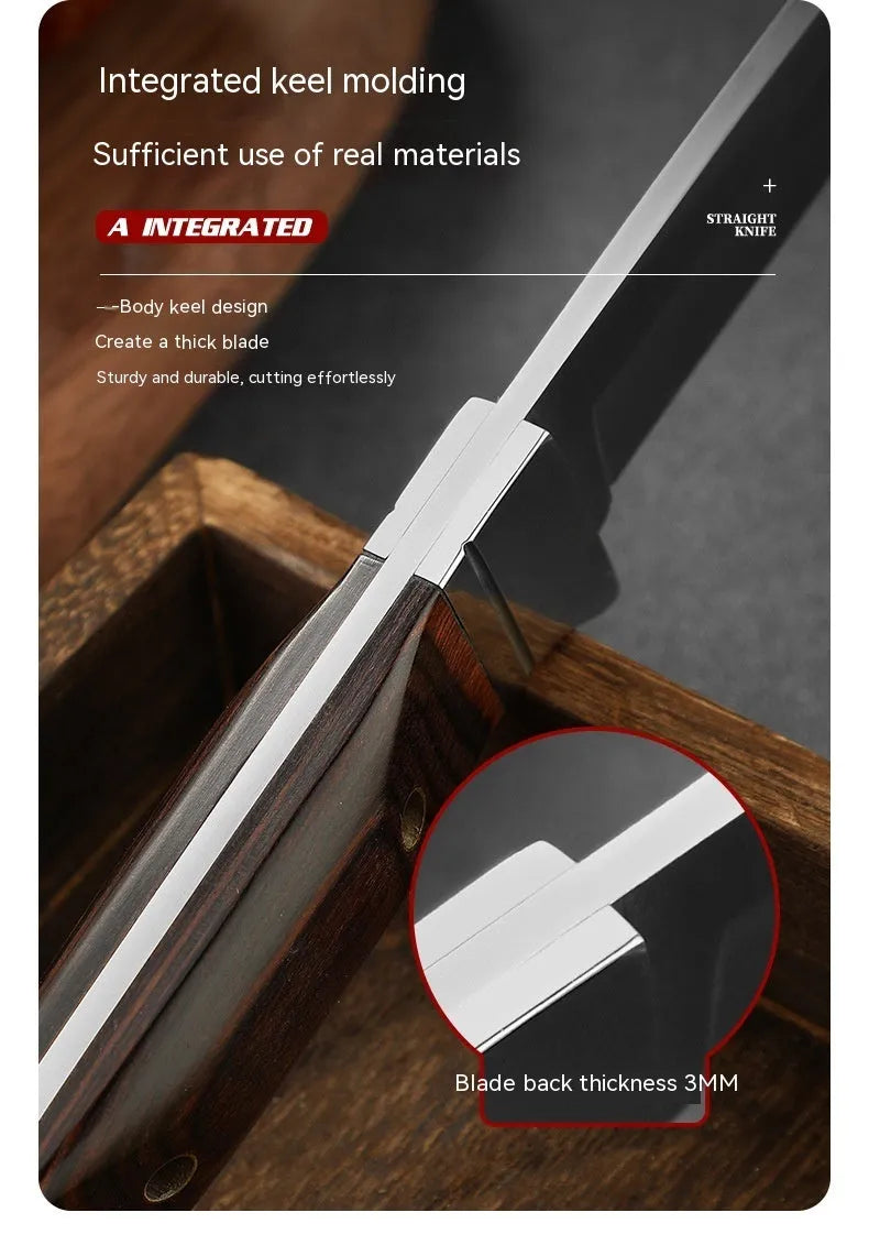 Camping portable fruit knife with stainless steel blade and brown leather protective case