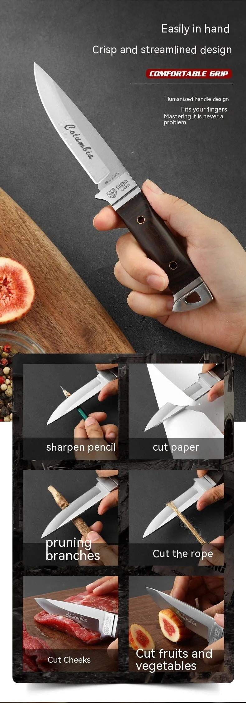 Camping portable fruit knife with stainless steel blade and brown leather protective case