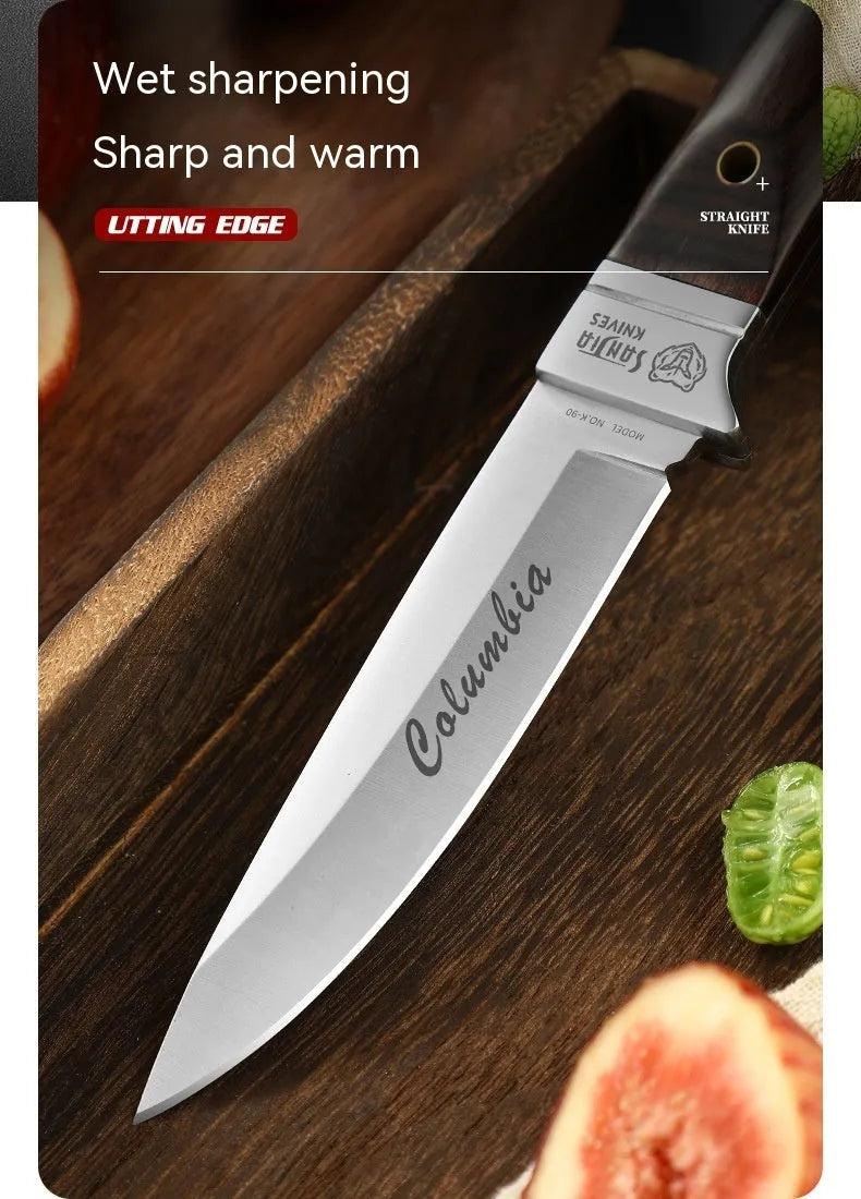 Camping portable fruit knife with stainless steel blade and brown leather protective case