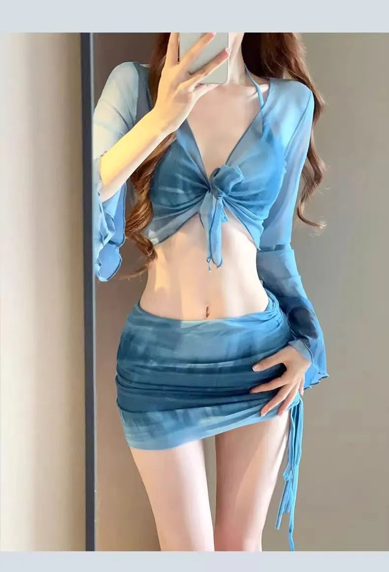 Blue women's high-waist bikini set with shirt, bra, underwear, and skirt on a mannequin.