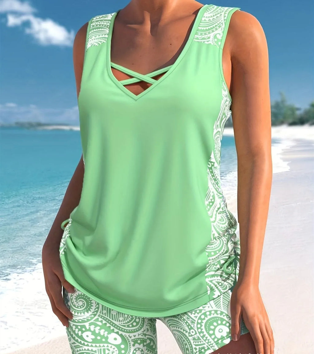 Women's printed swimsuit set with tankini top and boxer shorts in four colour options